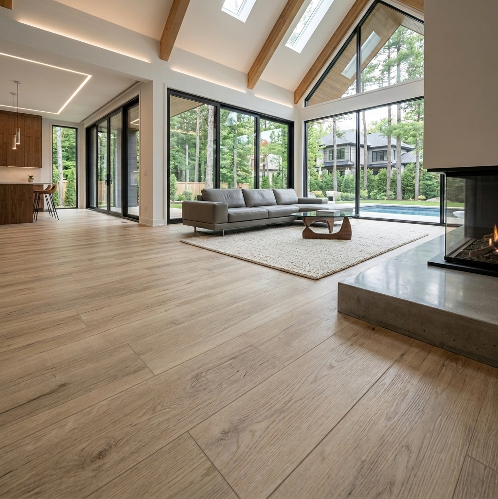 Maple Nature SPC vinyl flooring, shown in a living room with a fireplace and tall windows.