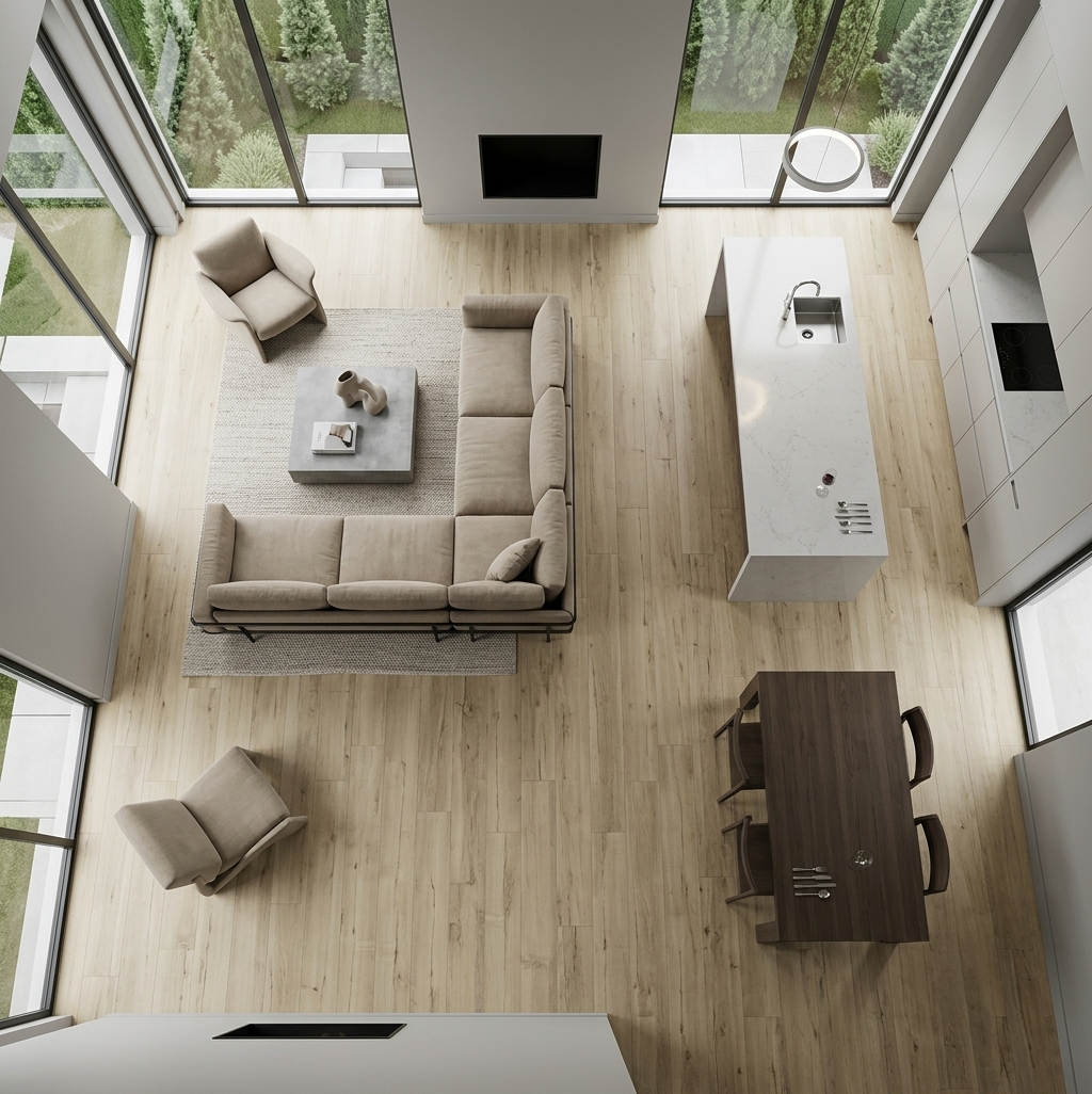 Maple Nature SPC vinyl flooring, overhead view of an open living, dining and kitchen area.