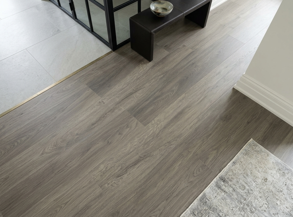 Congo SPC vinyl flooring, shown across an entryway beside a black bench.