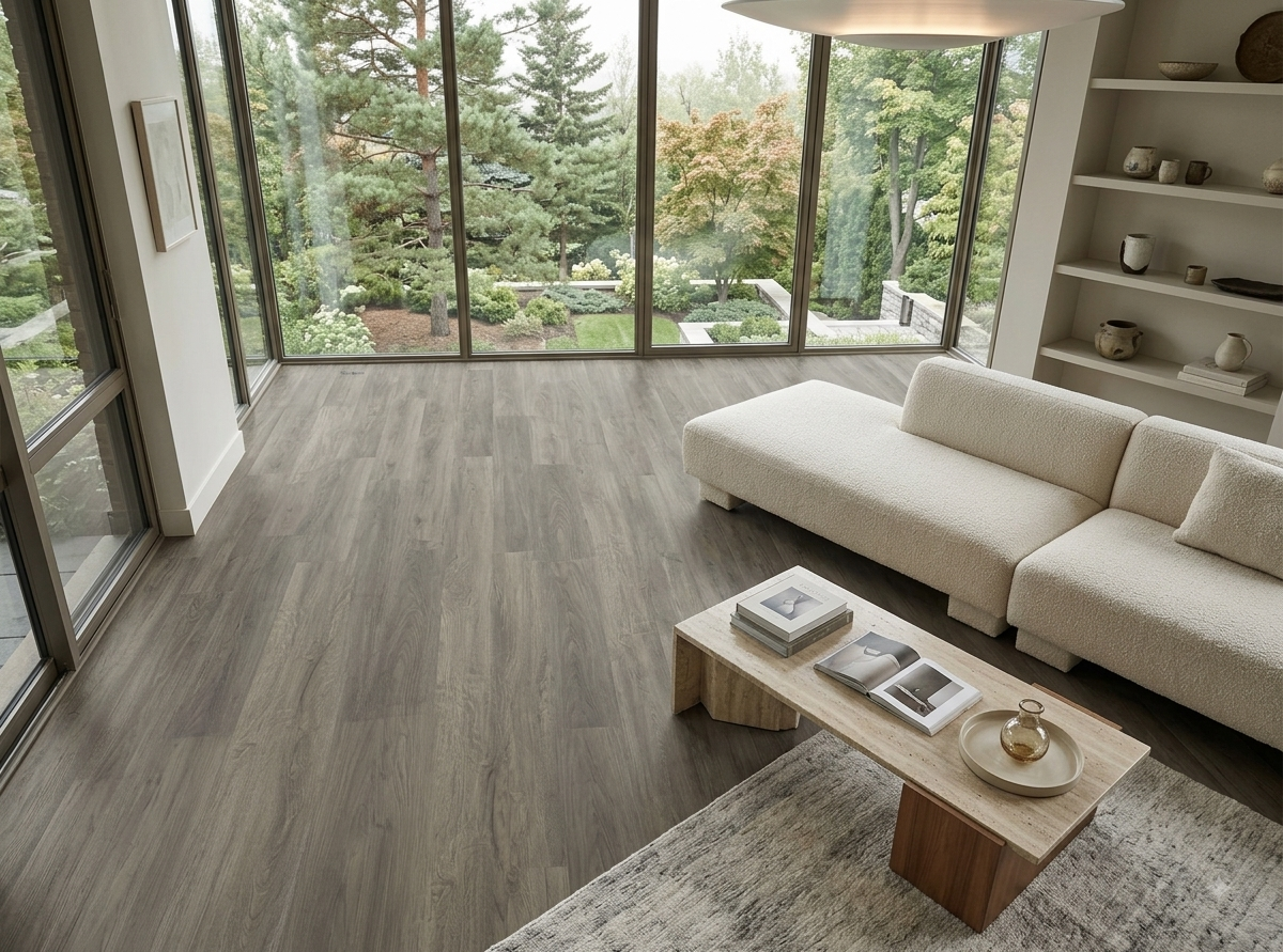 Congo SPC vinyl flooring, shown in a living room with a sectional sofa and garden windows.