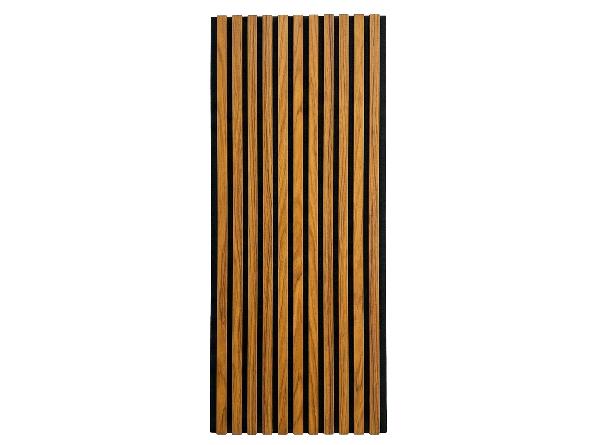 Vintage walnut-finish wood slat acoustic panel, full front view.