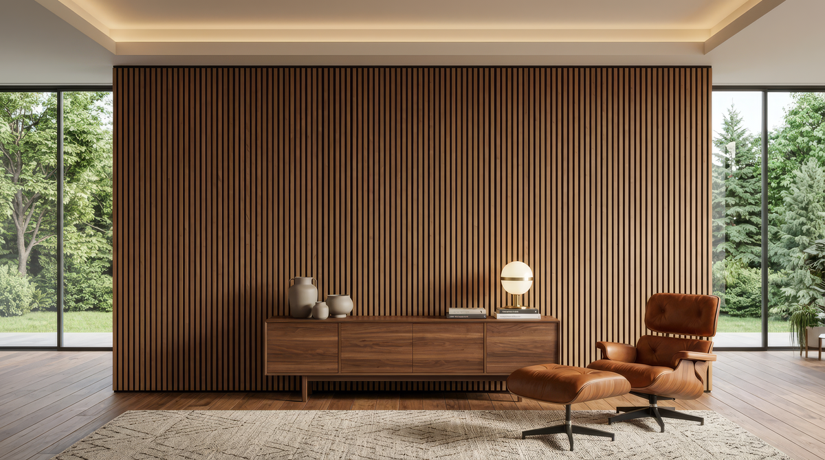 Vintage wood slat acoustic panels shown on a feature wall behind a sideboard and lounge chair.