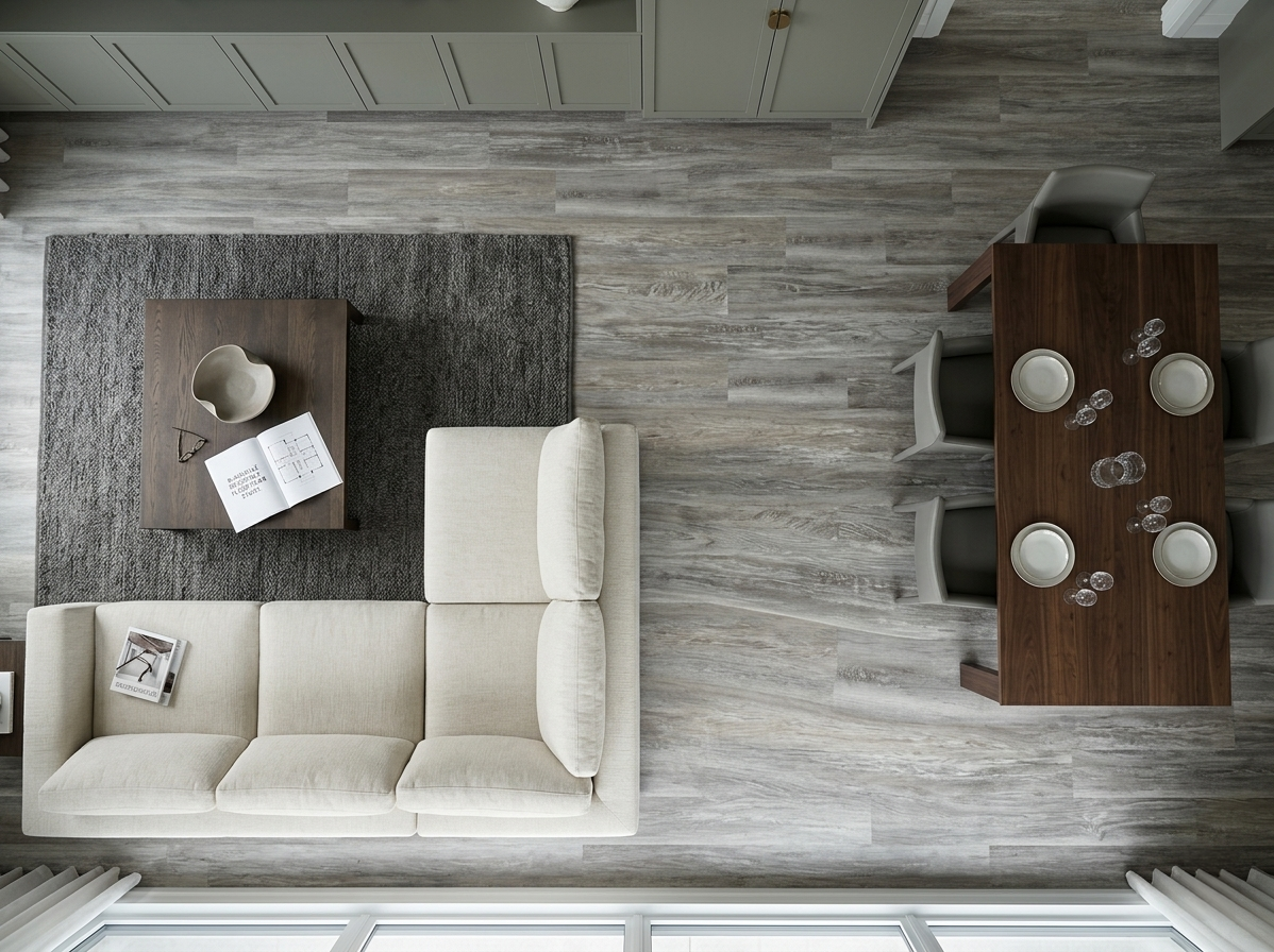 Blizzard SPC vinyl flooring, overhead view of a living and dining area with a white sectional sofa.