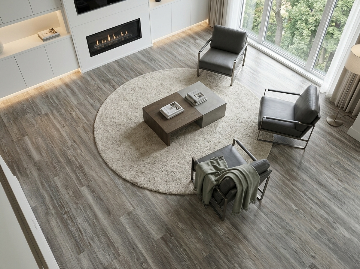 Blizzard SPC vinyl flooring, shown around a round rug and armchairs by a fireplace.