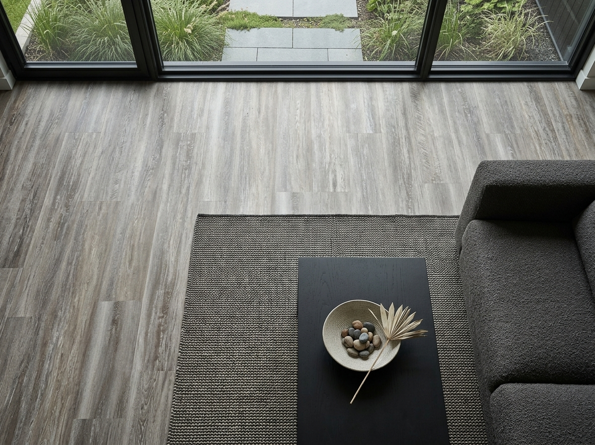 Blizzard SPC vinyl flooring, shown beside a dark sofa and coffee table.