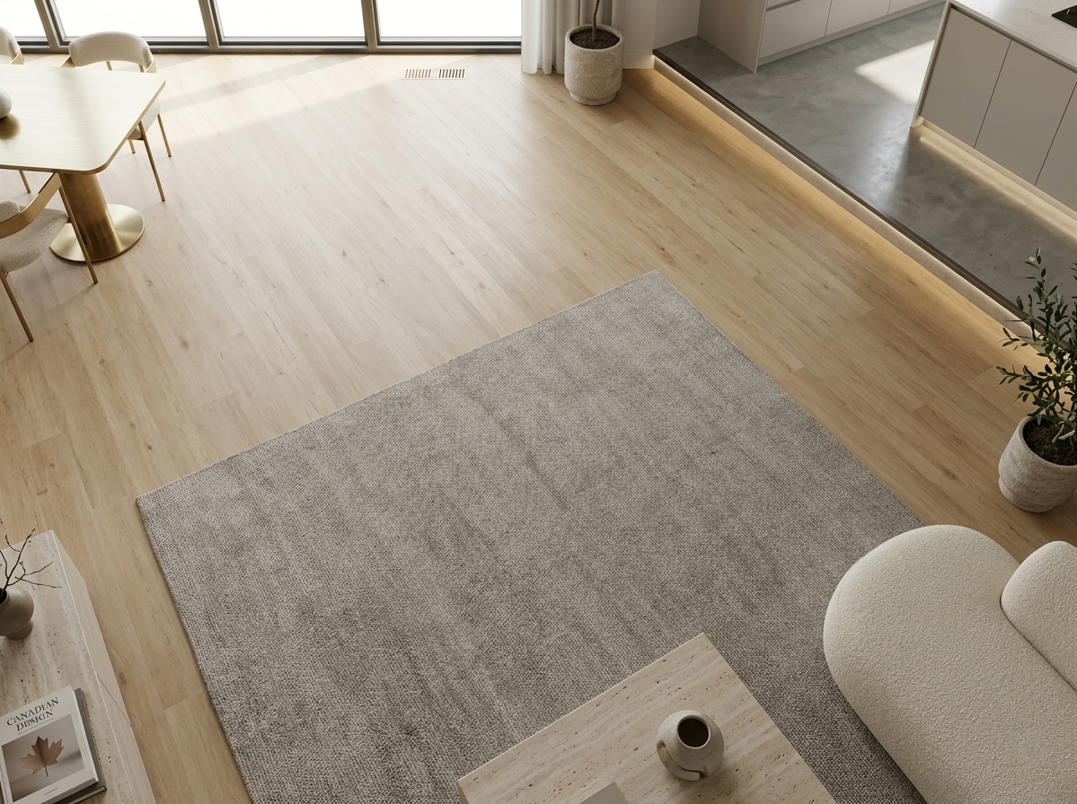 Caramel SPC vinyl flooring, shown around a rug between living and dining areas.