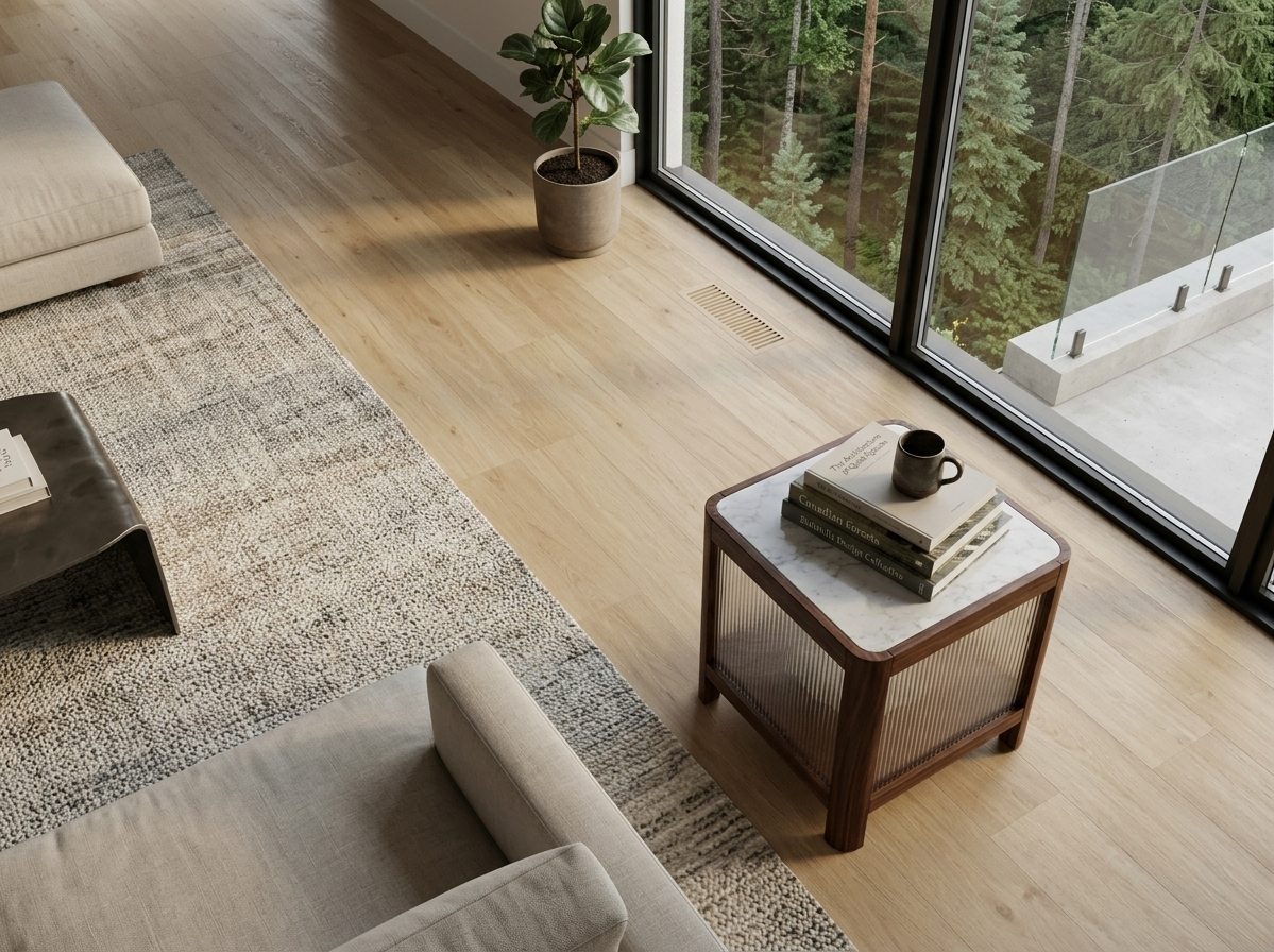 Caramel SPC vinyl flooring, shown beside a lounge chair and garden window.