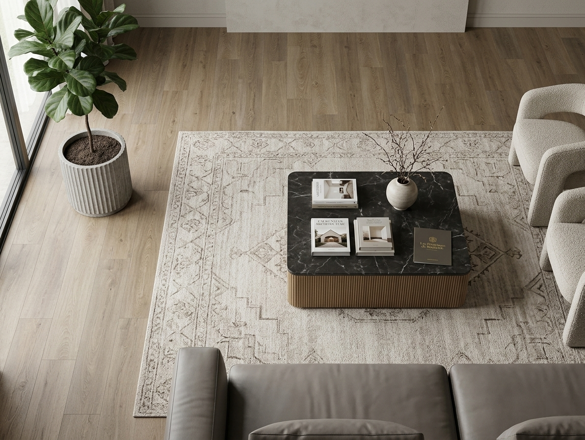 Cashmere SPC vinyl flooring, shown around a patterned rug and dark coffee table.