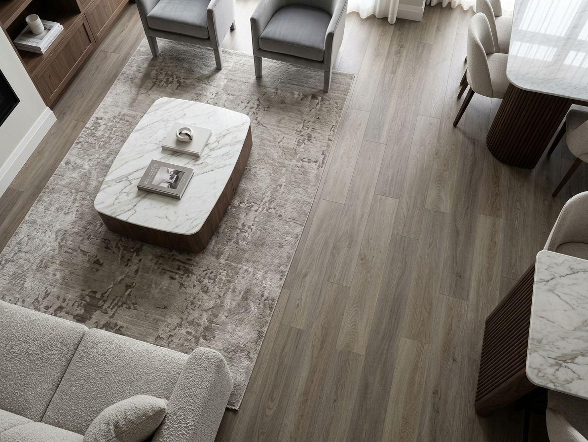 Cashmere SPC vinyl flooring, shown beside a marble-look coffee table and seating area.