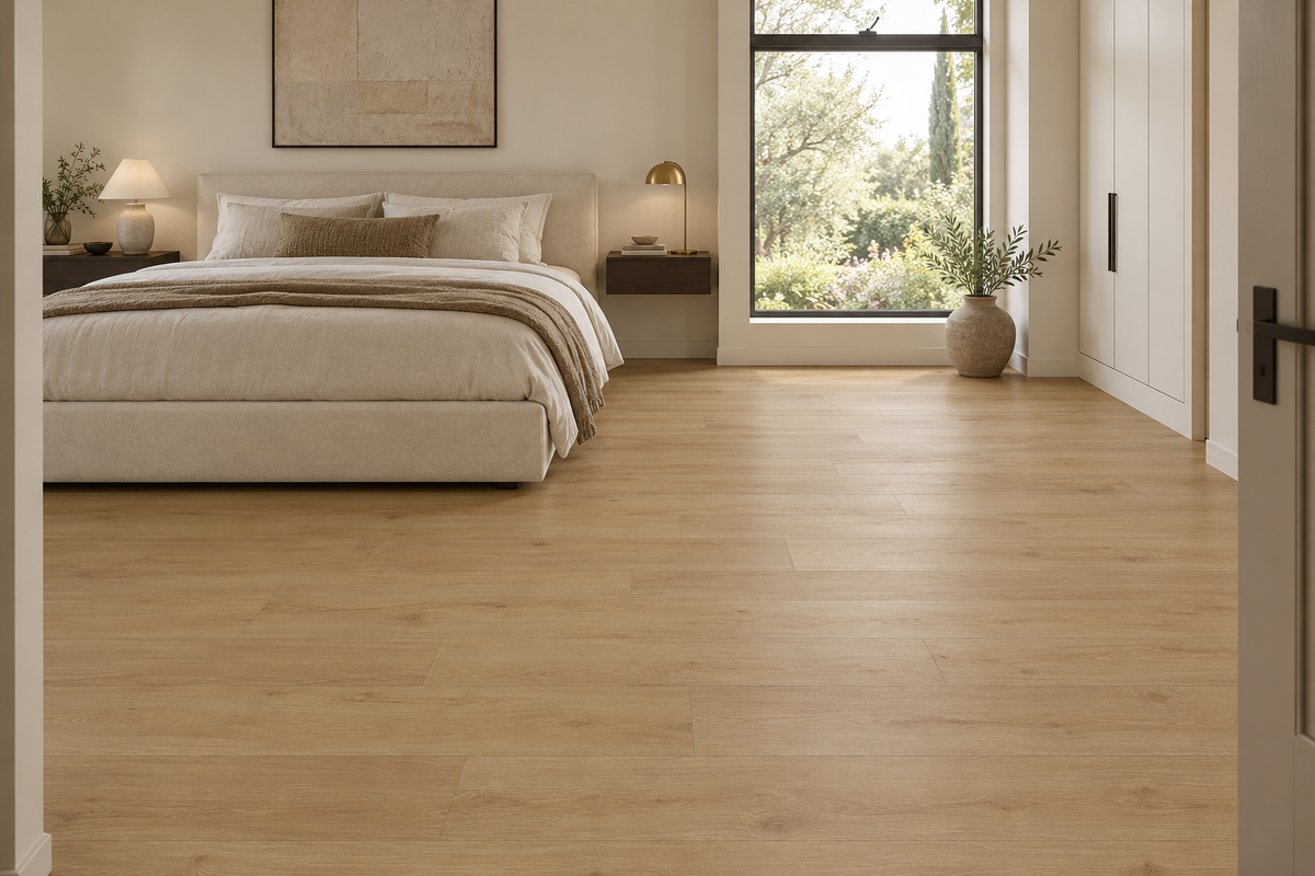 Caramel Warm Natural Waterproof SPC Vinyl Plank Flooring — TFSPC122p-F — daytime bedroom. AI interior visualization based on original supplier finish photos.