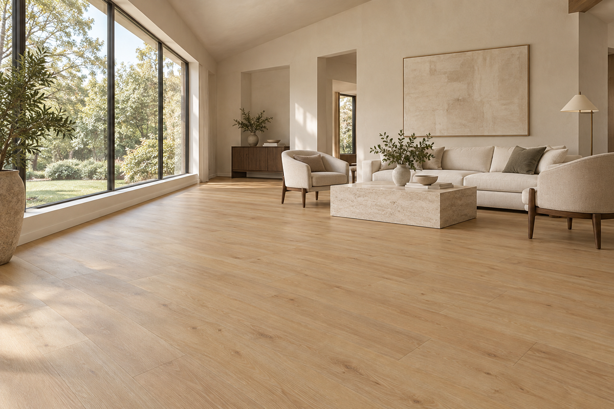 Caramel Warm Natural Waterproof SPC Vinyl Plank Flooring — TFSPC122p-F — daytime living room. AI interior visualization based on original supplier finish photos.