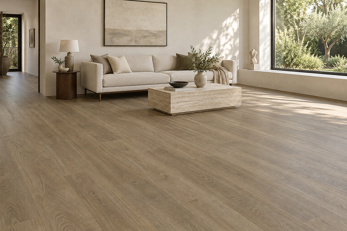 Cashmere Light Natural Waterproof SPC Vinyl Plank Flooring — TFSPC251-F — daytime living room. AI interior visualization based on original supplier finish photos.