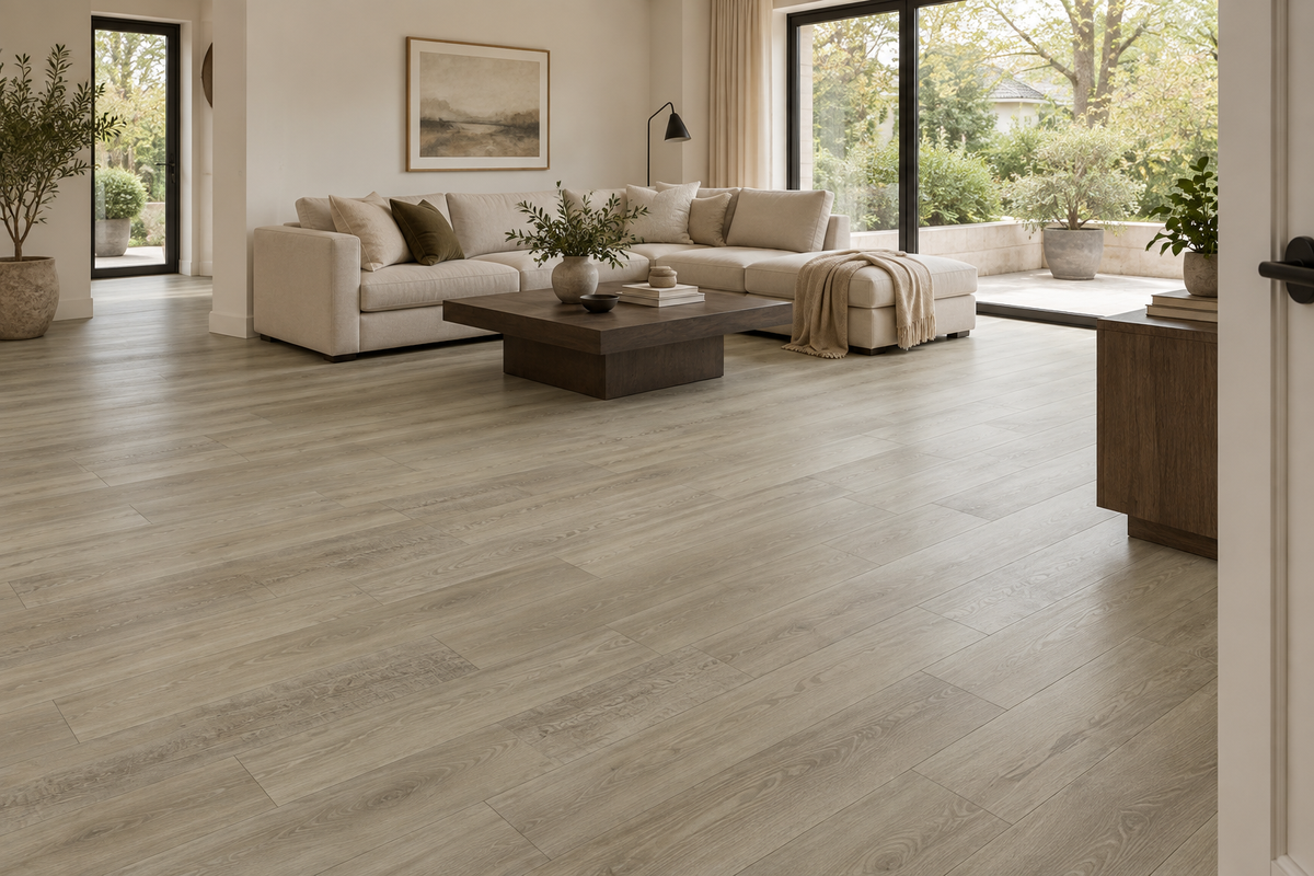 Dentine Waterproof SPC Vinyl Plank Flooring — TFSPC126p-F — daytime living room. AI interior visualization based on original supplier finish photos.