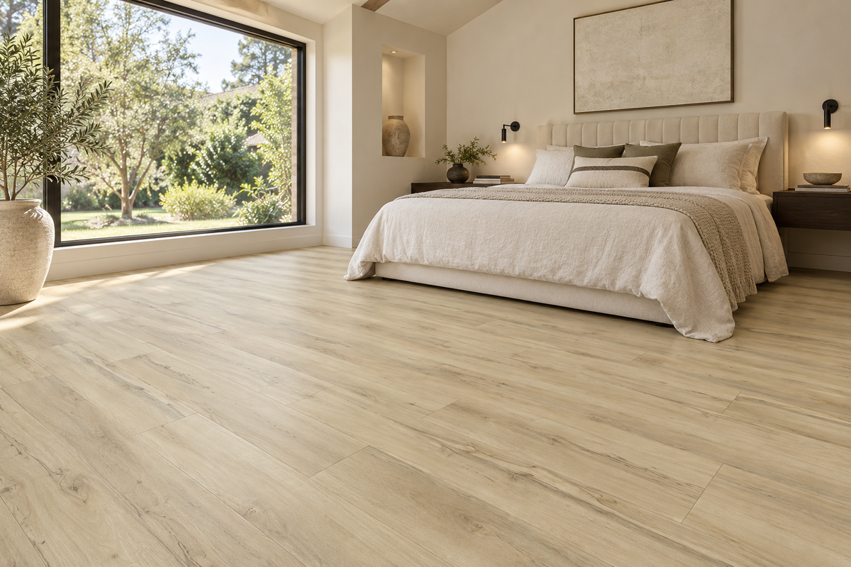 Maple Nature Light Waterproof SPC Vinyl Plank Flooring — TFSPC310-F — daytime bedroom. AI interior visualization based on original supplier finish photos.