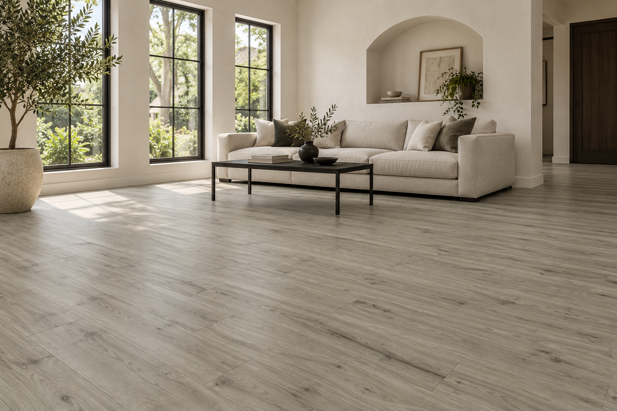 Pebble Light Grey Waterproof SPC Vinyl Plank Flooring — TFSPC309-F — daytime living room. AI interior visualization based on original supplier finish photos.
