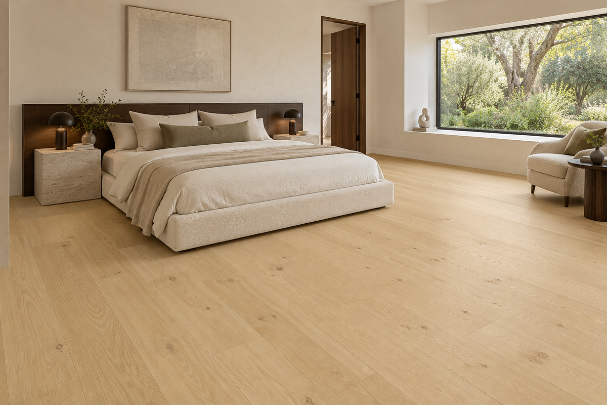 Tusk Engineered Hardwood Flooring — TCN102 — daytime bedroom. AI interior visualization based on original supplier finish photos.