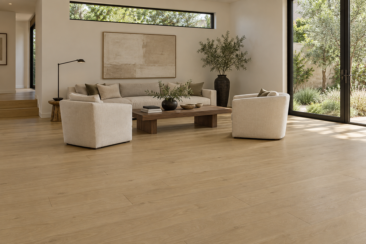Sable Engineered Hardwood Flooring — TCN103 — daytime living room. AI interior visualization based on original supplier finish photos.