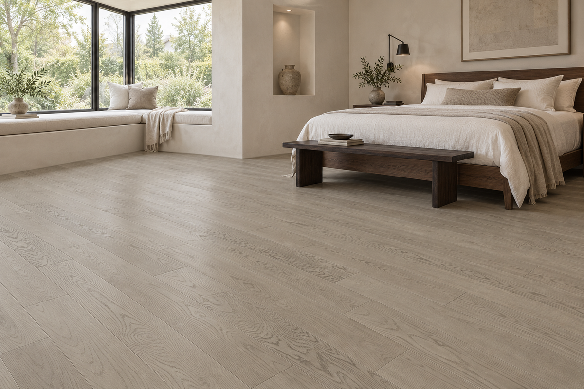 Sky Engineered Hardwood Flooring — TCN105 — daytime bedroom. AI interior visualization based on original supplier finish photos.