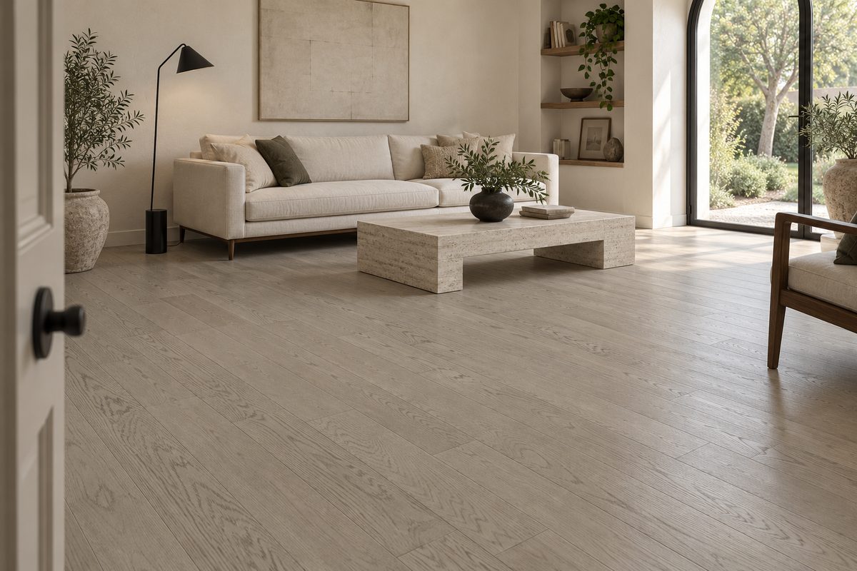 Sky Engineered Hardwood Flooring — TCN105 — daytime living room. AI interior visualization based on original supplier finish photos.