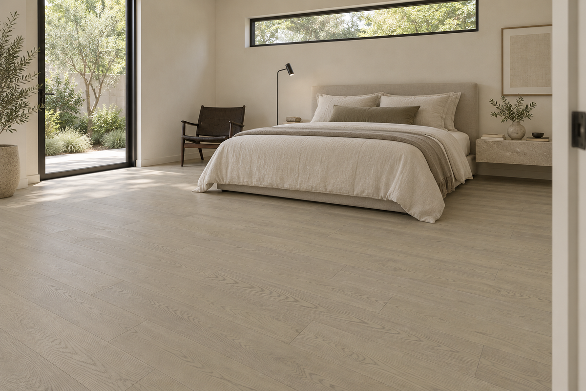 Cashmere Engineered Hardwood Flooring — TCN205 — daytime bedroom. AI interior visualization based on original supplier finish photos.