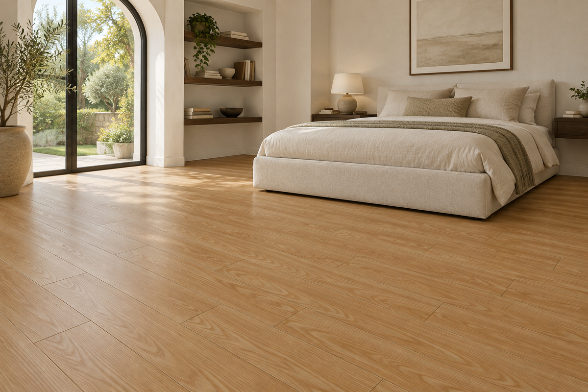 Nature Lite Laminate Flooring — TF1123-F — daytime bedroom. AI interior visualization based on original supplier finish photos.