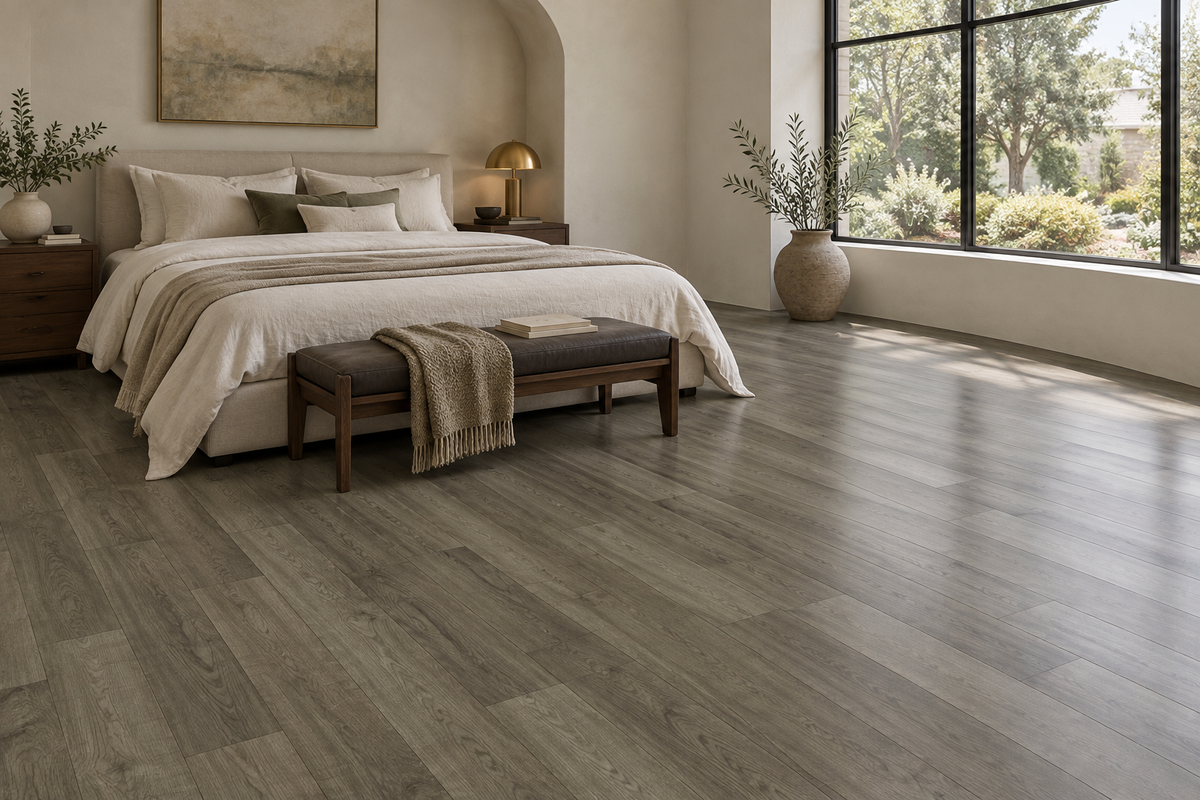 Nordic Grey Laminate Flooring — TF2501 — daytime bedroom. AI interior visualization based on original supplier finish photos.