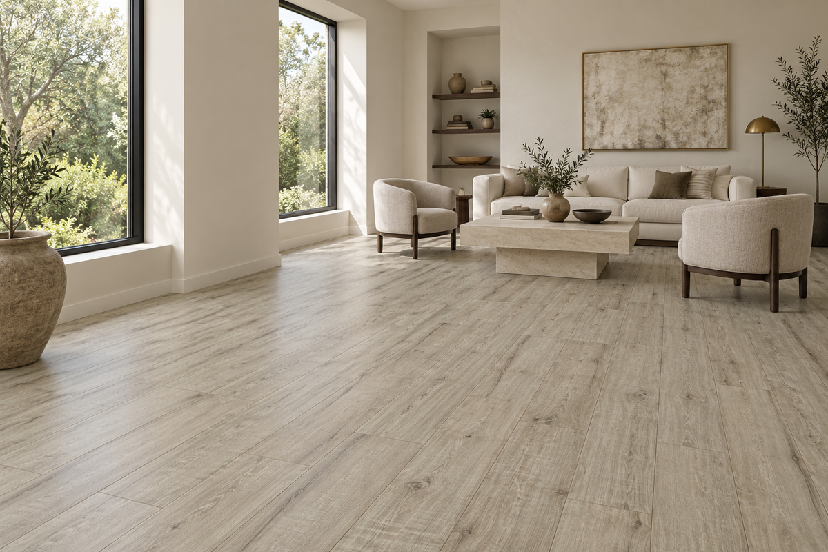 Beige Laminate Flooring — TF4110-F — daytime living room. AI interior visualization based on original supplier finish photos.