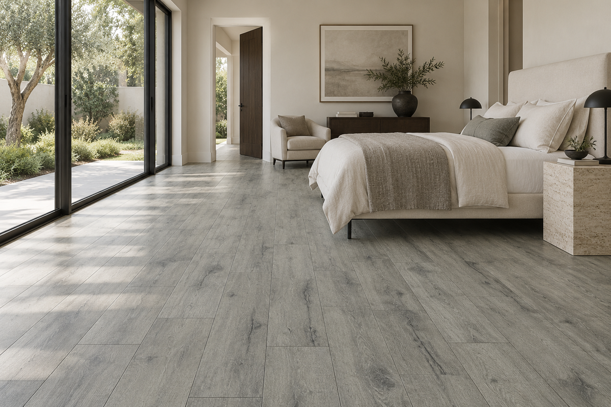 Aria Laminate Flooring — TF6008-F — daytime bedroom. AI interior visualization based on original supplier finish photos.