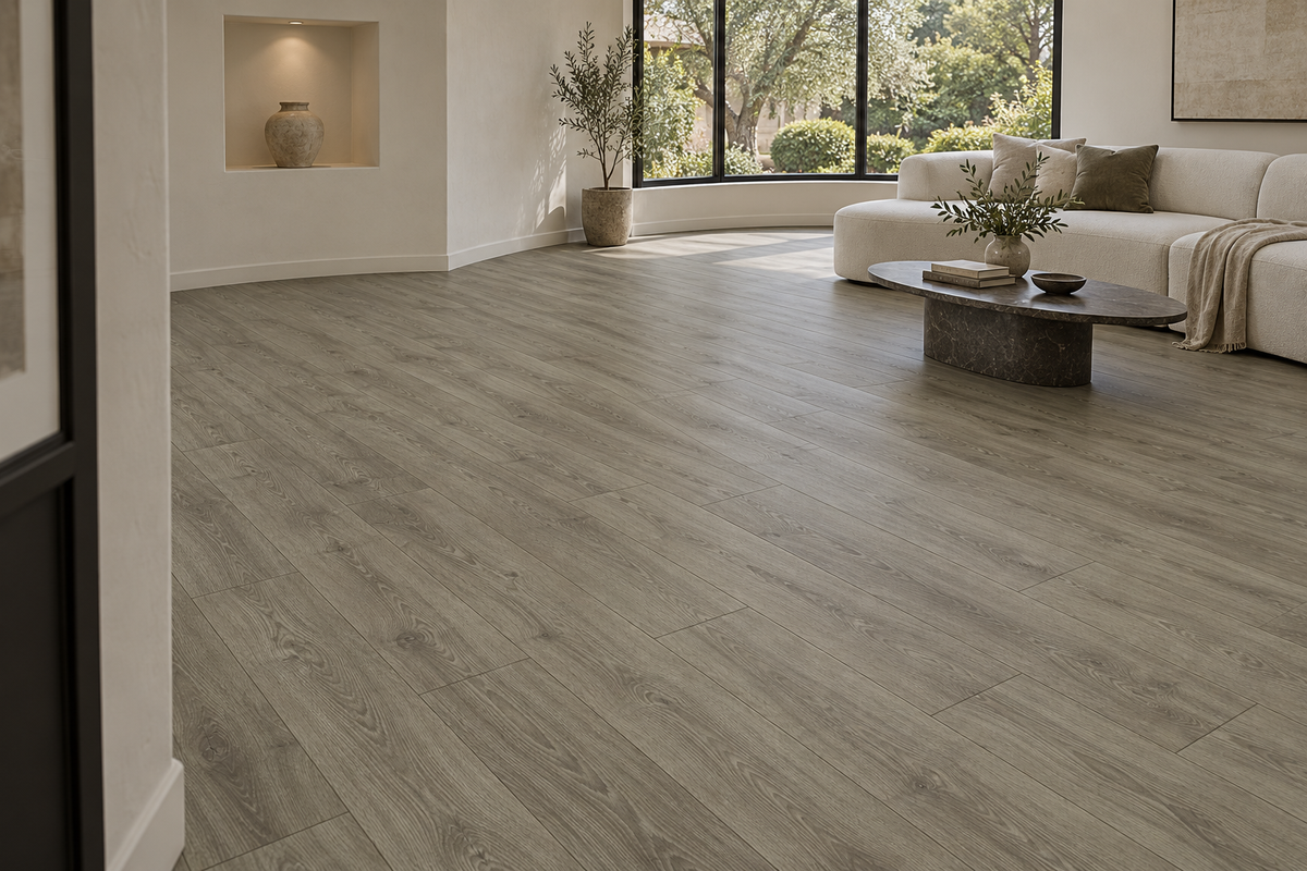 Athens Laminate Flooring — TF6021-F — daytime living room. AI interior visualization based on original supplier finish photos.