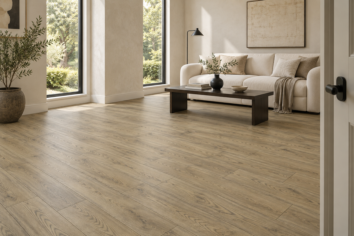 Machiato Laminate Flooring — TF6206-F — daytime living room. AI interior visualization based on original supplier finish photos.