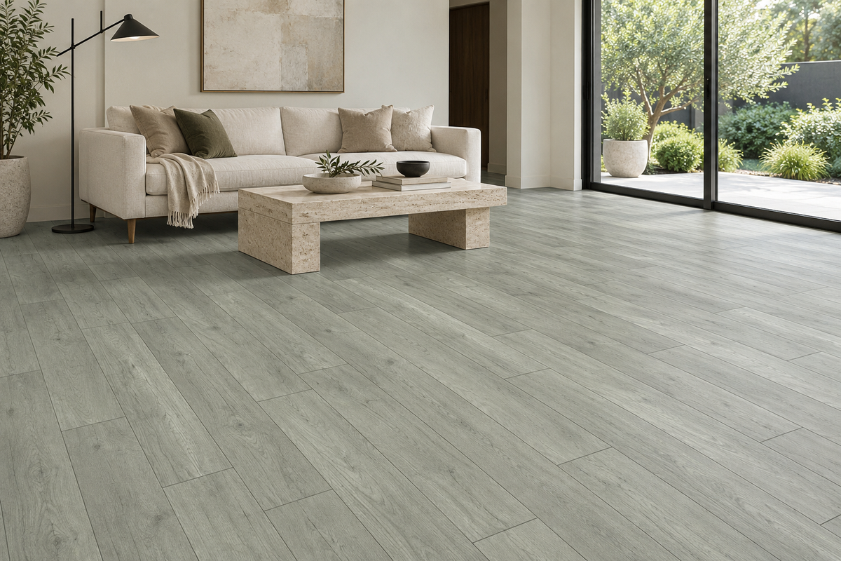 Gray Laminate Flooring — TF6209-F — daytime living room. AI interior visualization based on original supplier finish photos.