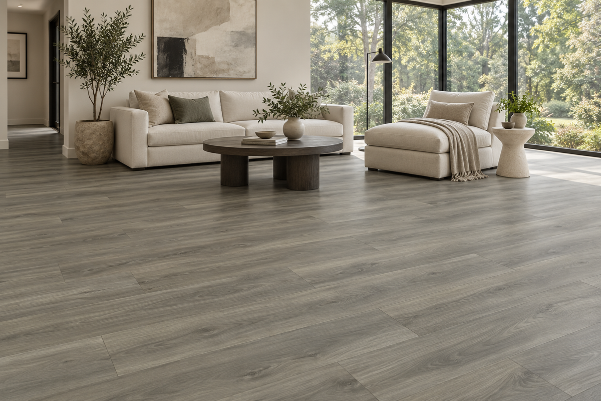 Taos Laminate Flooring — TF6605-F — daytime living room. AI interior visualization based on original supplier finish photos.