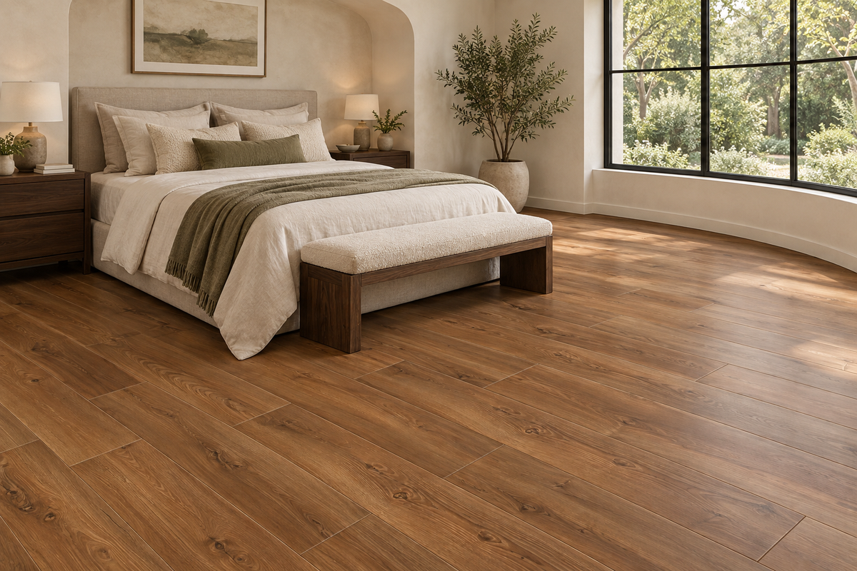 Cedar Crest Laminate Flooring — TF6606-F — daytime bedroom. AI interior visualization based on original supplier finish photos.
