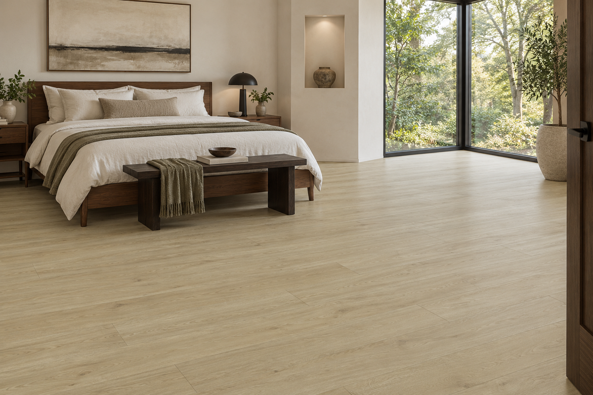Las Cruces Laminate Flooring — TF6611-F — daytime bedroom. AI interior visualization based on original supplier finish photos.