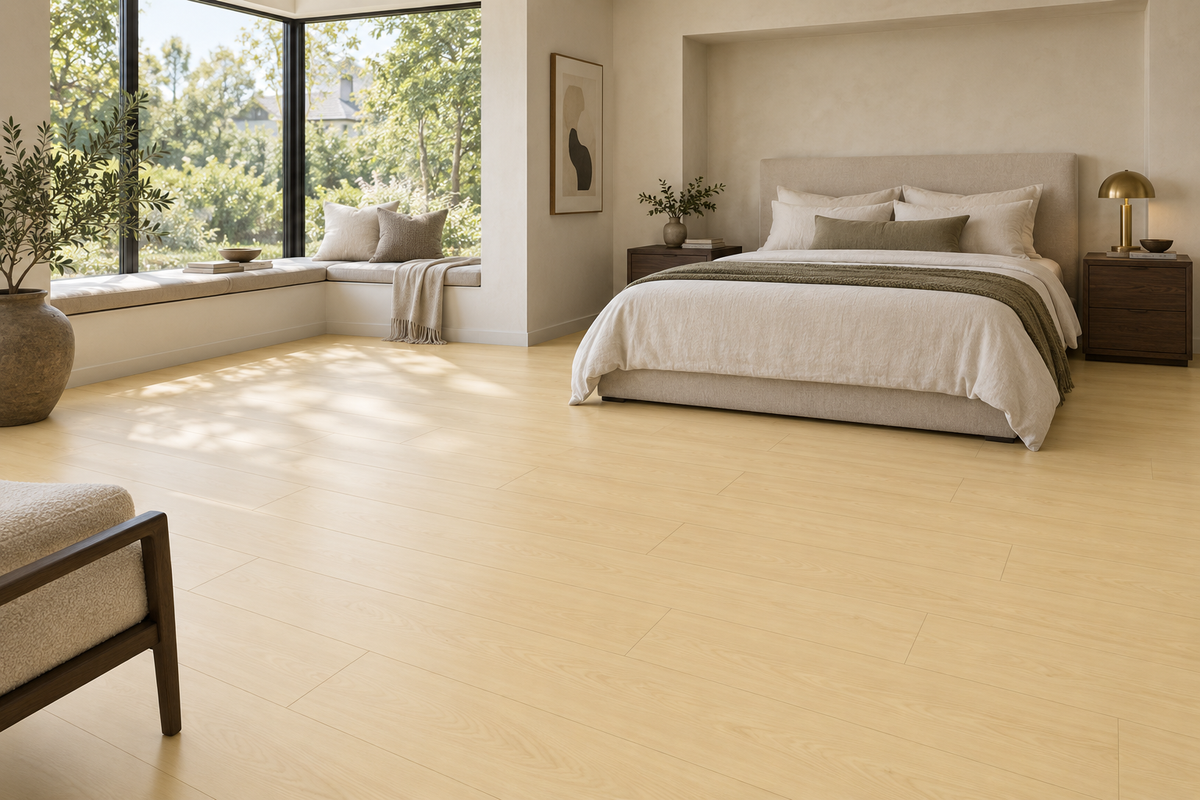 Pika Laminate Flooring — TF8304-F — daytime bedroom. AI interior visualization based on original supplier finish photos.