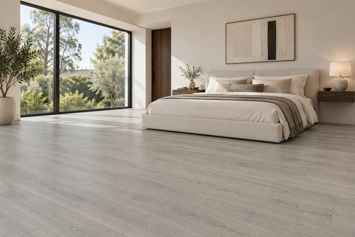 Otter Laminate Flooring — TF8305-F — daytime bedroom. AI interior visualization based on original supplier finish photos.