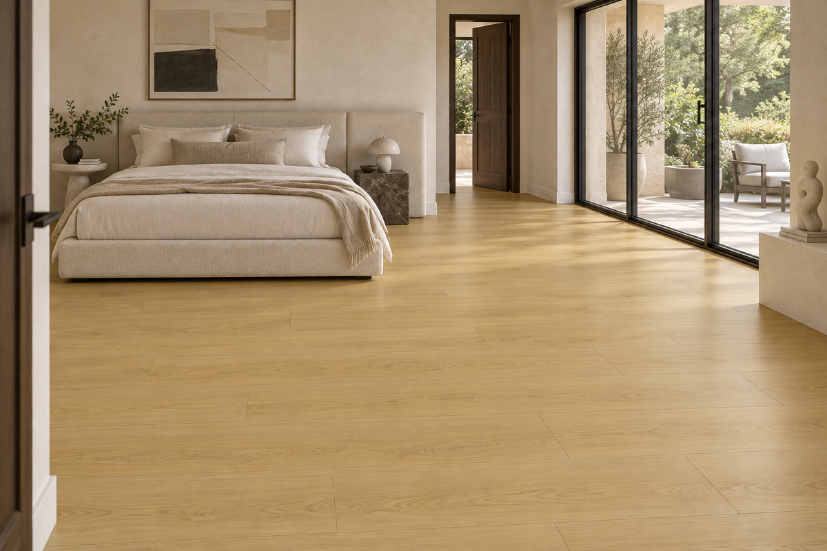 Prairie Dog Laminate Flooring — TF8307-F — daytime bedroom. AI interior visualization based on original supplier finish photos.