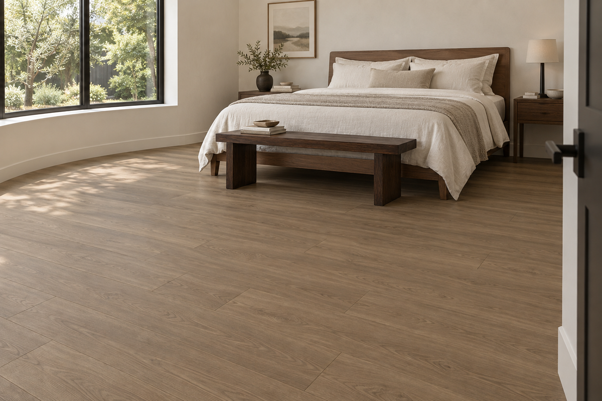 Grizzly Laminate Flooring — TF8309-F — daytime bedroom. AI interior visualization based on original supplier finish photos.