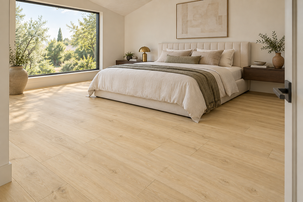 Lumina SPC Vinyl Flooring — TFCET1004-F — daytime bedroom. AI interior visualization based on original supplier finish photos.