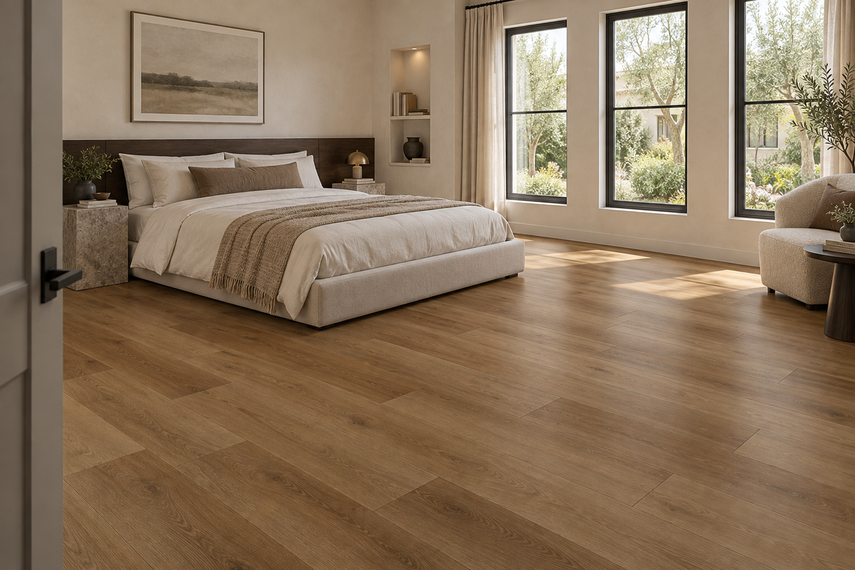 Terra SPC Vinyl Flooring — TFCET1009-F — daytime bedroom. AI interior visualization based on original supplier finish photos.