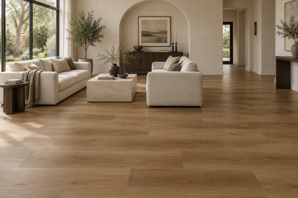 Terra SPC Vinyl Flooring — TFCET1009-F — daytime living room. AI interior visualization based on original supplier finish photos.