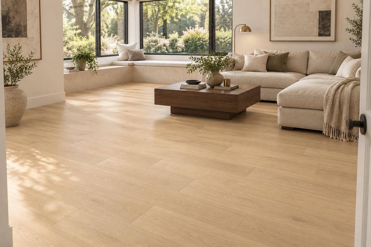 Madera SPC Vinyl Flooring — TFCET1011-F — daytime living room. AI interior visualization based on original supplier finish photos.