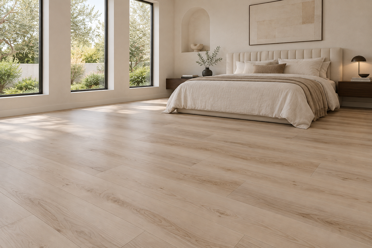 Toucan TFGD 207 Glue-Down Vinyl Flooring — TFGD 207 — daytime bedroom. AI interior visualization based on original supplier finish photos.