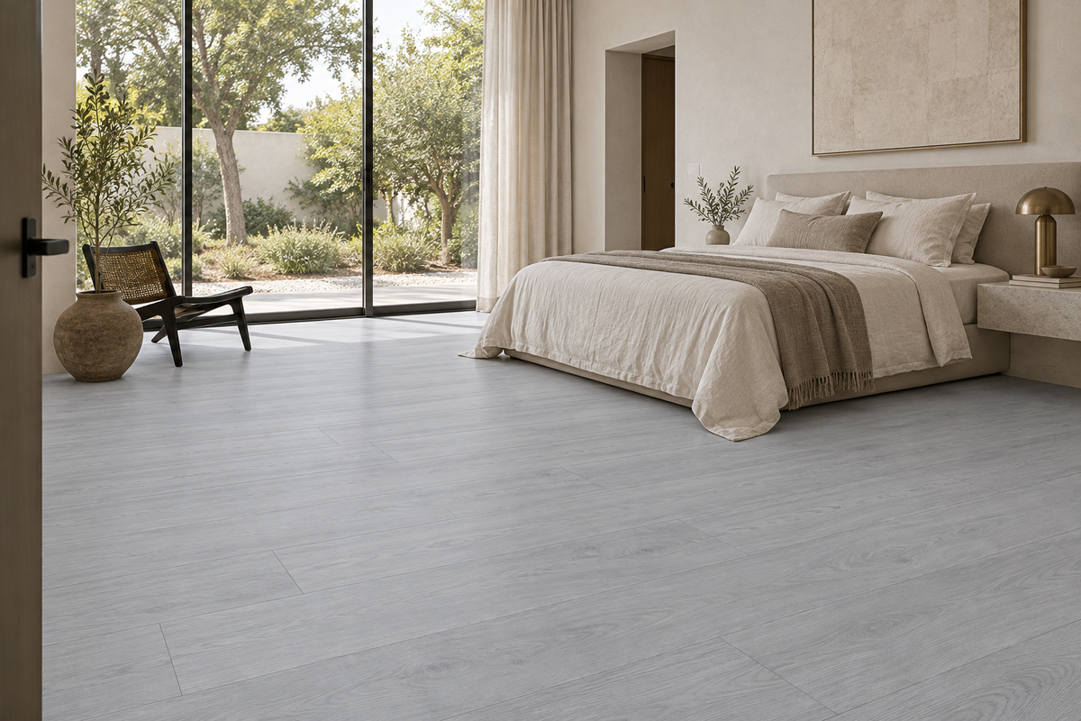 Toucan TFGD 209 Glue-Down Vinyl Flooring — TFGD 209 — daytime bedroom. AI interior visualization based on original supplier finish photos.