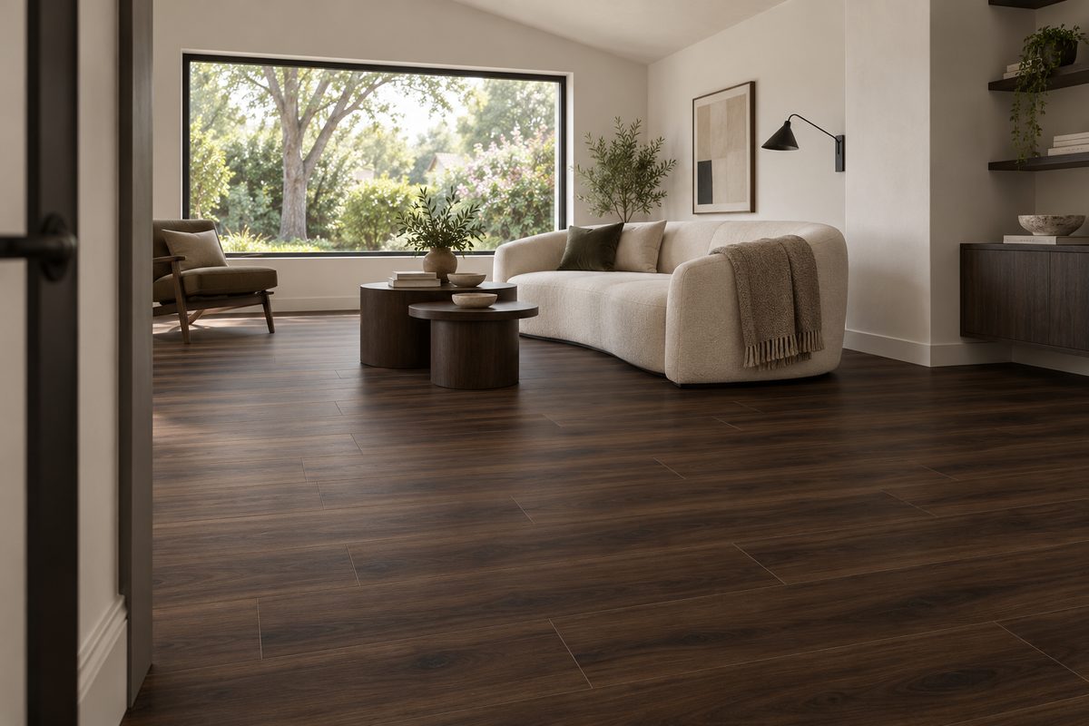 Espresso Cedar Loose Lay Vinyl Flooring — TFL621 — daytime living room. AI interior visualization based on original supplier finish photos.