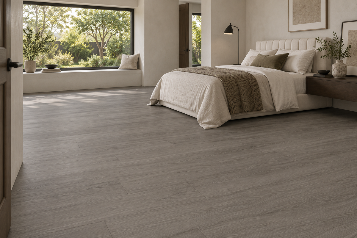 Chestnut Canyon Loose Lay Vinyl Flooring — TFL622 — daytime bedroom. AI interior visualization based on original supplier finish photos.