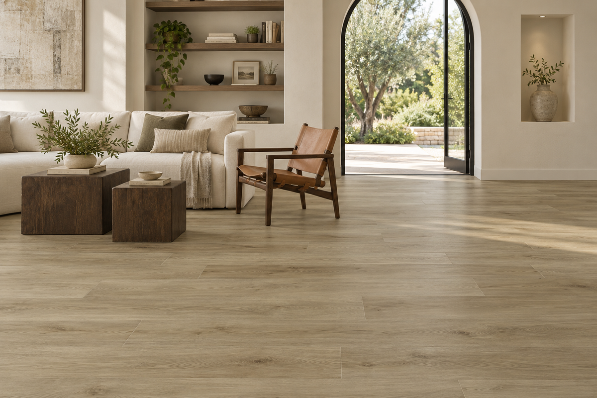Prairie Wheat Loose Lay Vinyl Flooring — TFL626 — daytime living room. AI interior visualization based on original supplier finish photos.
