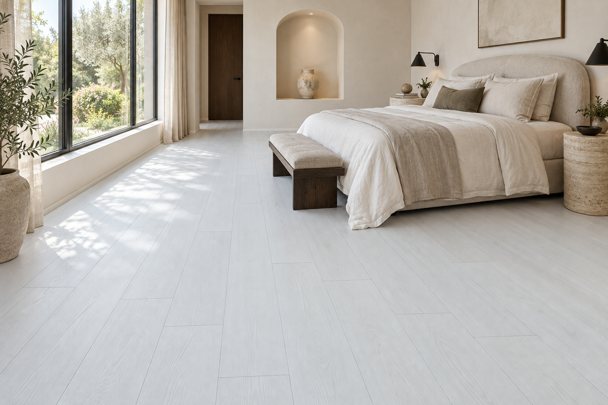 Lighting SPC Vinyl Flooring — TFSPC266-F — daytime bedroom. AI interior visualization based on original supplier finish photos.
