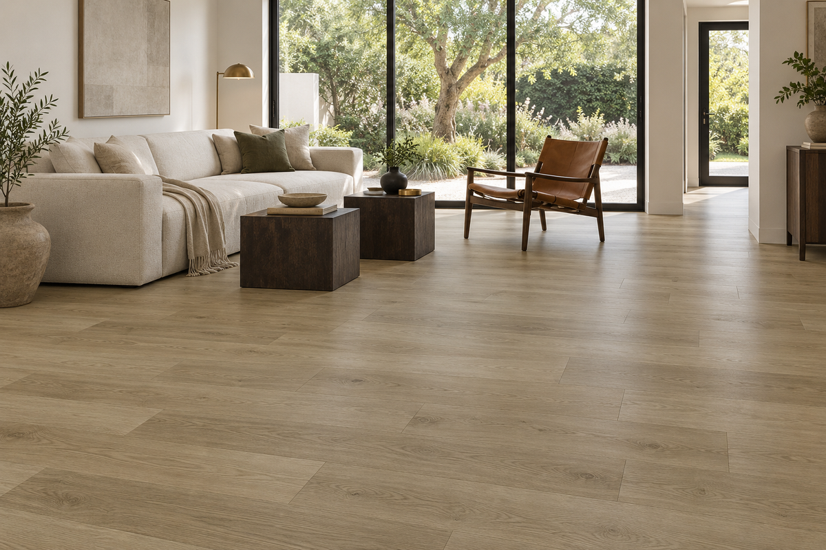Nude SPC Vinyl Flooring — TFSPC312-F — daytime living room. AI interior visualization based on original supplier finish photos.