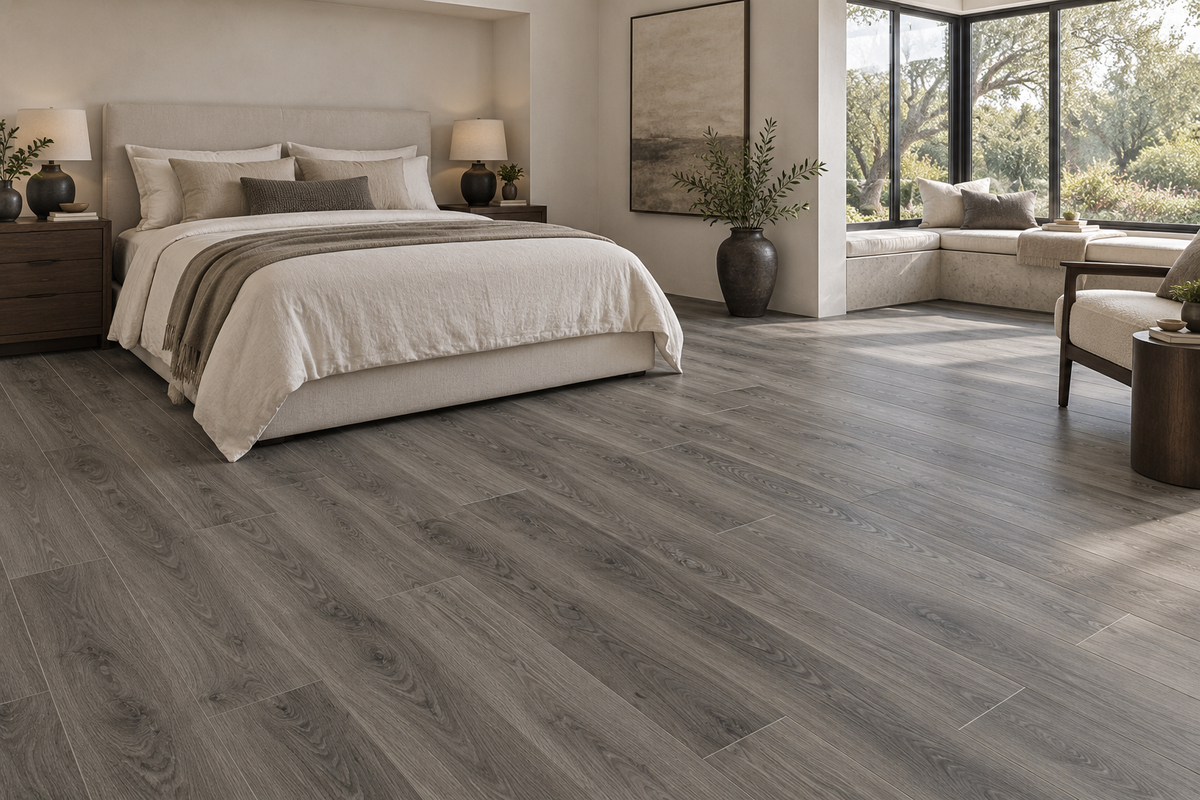 Wild Truffle SPC Vinyl Flooring — TFSPC502-F — daytime bedroom. AI interior visualization based on original supplier finish photos.